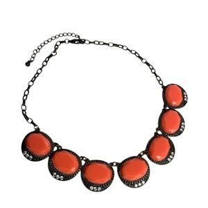 Antiqued Gold Tone Necklace Orange Coral Chunky Faux Stone Statement Piece